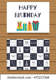 Happy Birthday. Lettering greeting card and its reverse side with an abstract design.