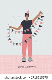 Happy Birthday lettering guy holding decorative flags postcard. Simple flat people boy man character vector illustration cartoon style. Festive party celebration event cute picture graphic clip art.