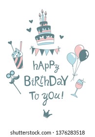 Happy Birthday lettering hand drawn frame. Congratulations and wishes in balloons, drinks vector border. B-day cake with candles clipart. Three years anniversary celebration greeting card template