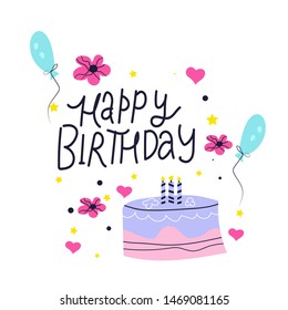 Happy Birthday lettering in hand drawn frame. Congratulations and wishes in balloons, flowers. B-day cake with candles clipart. 
