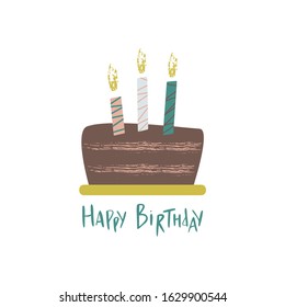 Happy birthday lettering illustration with cake on a plate and candles. Anniversary celebration. Festive handdrawn vector illustration. Design for textile, card.