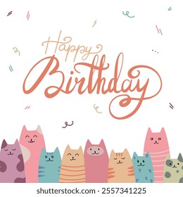 Happy Birthday lettering illustration, greeting cards with cats