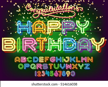 Happy Birthday lettering. Neon congratulations Light Alphabet Vector Font. Neon tube letters on dark glow green background