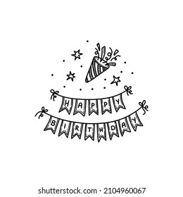 Happy birthday lettering on flags doodle illustration. Birthday card composition 