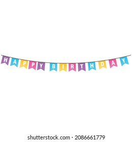 A happy birthday lettering on the garland. Multicolored garland flags for birthday cards invitations.