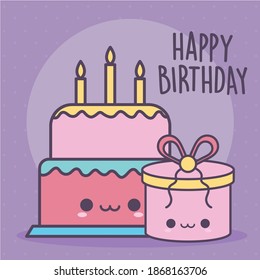 happy birthday lettering with one birthday cake and gift box vector illustration design
