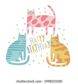 Happy Birthday. Lettering poster. Cute cartoon cat. Holiday card. colored dots - confetti. 