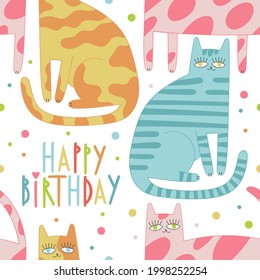 Happy Birthday. Lettering poster. Cute cartoon cat. Holiday card. Colored dots - confetti. Seamless vector pattern (background). Cartoon print. 