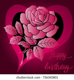Happy Birthday lettering and rose, greeting card with fun red lettering and roses. Vector illustration
