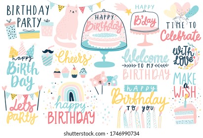 Happy Birthday lettering set. Hand drawn letterings and other elements - cakes, gifts, masks, candles, balloons. Vector illustration.