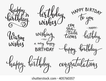 Happy Birthday lettering sign quote typography set. Calligraphy design for postcard poster graphic design. Simple vector brush calligraphy. Happy Birthday card design elements. Birthday party decor.