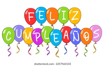 Happy Birthday lettering in Spanish (Feliz Cumpleaños) with colorful balloons. Cartoon. Vector illustration. Isolated on white background