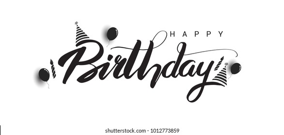 Happy Birthday lettering text banner with balloon, hat, candle, confetti, black color. Vector illustration.