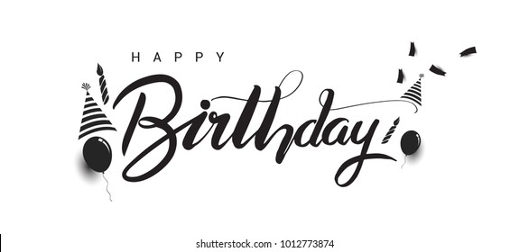 Happy Birthday lettering text banner with balloon, hat, candle, confetti, black color. Vector illustration.