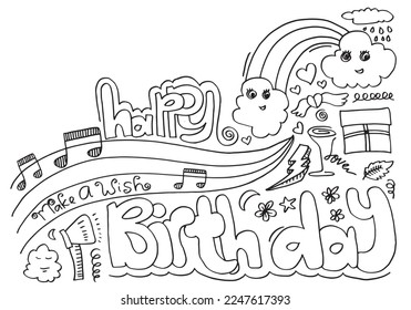 Happy Birthday lettering text banner with clouds, heart, gifts, musical notes black color. Vector illustration.