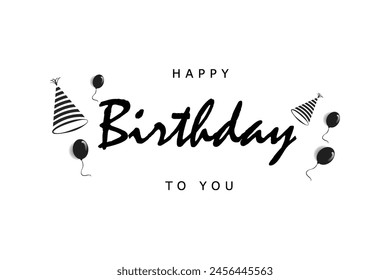 Happy Birthday lettering text banner with balloon hat black color Vector illustration