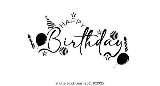 Happy Birthday lettering text banner with balloon, hat, candle, black color. Vector illustration.