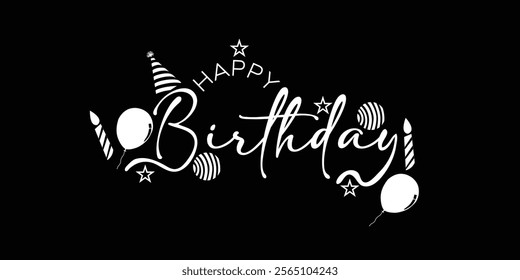 Happy Birthday lettering text banner with balloon, hat, candle, white color vector illustration.