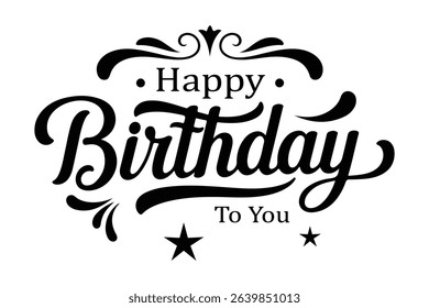 Happy Birthday lettering text, black color, Vector illustration.