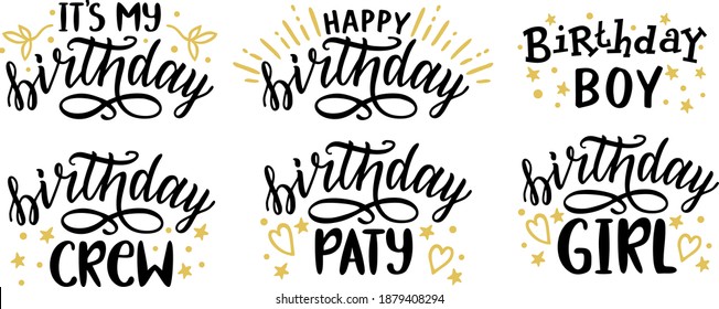 Happy Birthday lettering text set. Design element for greeting cards, banner, print with lettering typography text sign, quote, cake, candle, gift, balloon isolated on white background. 