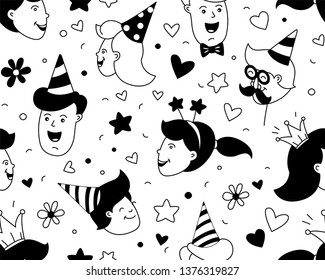 Happy Birthday lettering thin line seamless pattern festive background. Congratulations wishes vector illustration. B-day party kids boys girls clipart. Anniversary celebration greeting card template