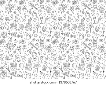 Happy Birthday lettering thin line seamless pattern festive background. Congratulations wishes vector illustration. B-day party kids boys girls clipart. Anniversary celebration greeting card template