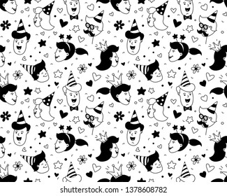 Happy Birthday lettering thin line seamless pattern festive background. Congratulations wishes vector illustration. B-day party kids boys girls clipart. Anniversary celebration greeting card template
