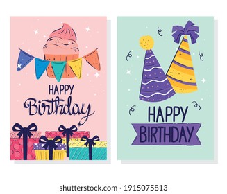 happy birthday letterings cards with gifts and hats vector illustration design