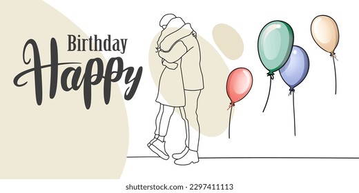 Happy Birthday Line art drawing lovers hugs with air balloons on white background. Minimal design templtate card. Vector outline illustration