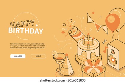 Happy birthday - line design style isometric web banner