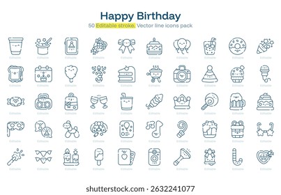 Happy Birthday line icon pack. Happy Birthday Stroke icon set. Editable Stroke icon