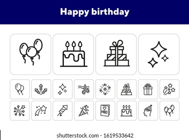 Happy birthday line icon set. Fireworks, present, decoration. Holiday concept. Can be used for topics like celebration, party, surprise
