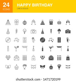 Happy Birthday Line Web Glyph Icons. Vector Illustration of Party Outline and Solid Symbols. 