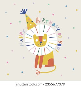  Happy Birthday lion animal paper shape cutouts style vector illustration. Scandinavian childish wild party pre-made print design.