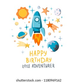 Happy birthday little adventurer. Cute rocket and planets on starry background. Funny postcard template. Stock vector