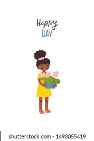 Happy birthday. Little african girl with flowers. Cute vector flat illustration