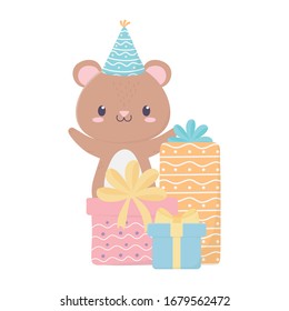 happy birthday little bear party hat and gift boxes celebration decoration card vector illustration