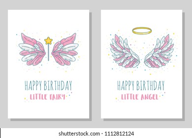 Happy birthday little fairy and angel card templates. Wide spread wings with golden halo and magic wand. Contour drawing in modern line style with volume. Vector illustration isolated on white. 