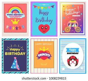Happy Birthday, little princess, cards set with rainbow and headline, carriage and hat, hairstyle and glasses, heart and crown vector illustration