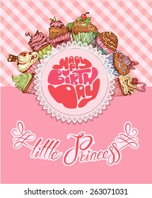 Happy birthday, little princess - holiday card for girl with pancakes on pink background.