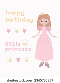 Happy birthday, little princess, kids postcard, congratulations, postcard, invitation, holiday