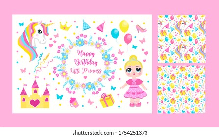 Happy birthday little princess set of elements for design, greeting card and vector seamless pattern