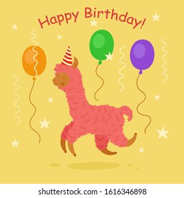 Happy birthday llama jumping. Birthday hat, balloons and greeting "happy birthday". Animal character design. Greeting card template. Nursery wall art. Vector illustration