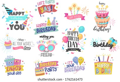 Happy Birthday Logo Badge. Greeting Lettering, Cake, Balloons And Candle Birthday Greeting Card Decoration Design Vector Illustration Icons Set. Greeting Celebrate Label.