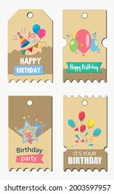 Happy birthday logo badge. Greeting lettering, cake, balloons and candle birthday greeting card decoration design vector illustration icons set. Greeting celebrate label, birthday card