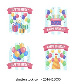 Happy birthday logo badge. Greeting lettering, cake, balloons and candle birthday greeting card decoration design vector illustration icons set.