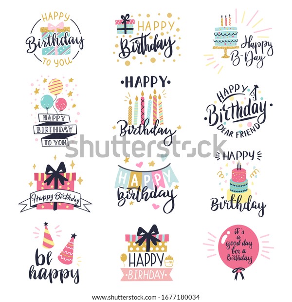 Happy birthday logo badge. Greeting lettering, cake,\
balloons and candle birthday greeting card decoration design vector\
illustration icons set. Greeting celebrate label, birthday\
celebration logo