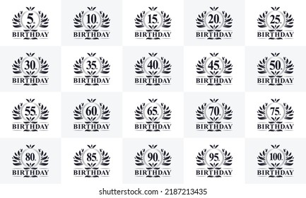 Happy birthday logo bundle. Retro vintage birthday logo set. 5th, 10th, 15th, 20th, 25th, 30th, 35th, 40th, 45th, 50th, 55th, 60th birthday celebration logo bundle.