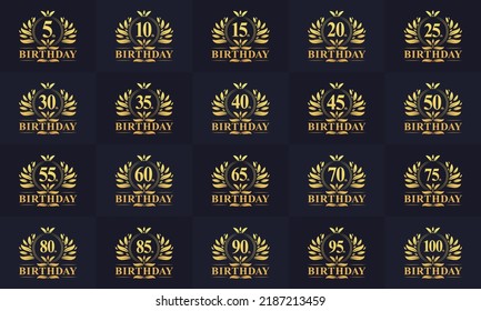 Happy birthday logo bundle. Retro vintage birthday logo set. 5th, 10th, 15th, 20th, 25th, 30th, 35th, 40th, 45th, 50th, 55th, 60th, 90th, 95th, 100th birthday celebration logo bundle.