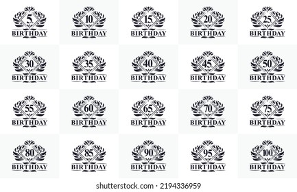 Happy birthday logo bundle. Retro vintage birthday logo set. 5th, 10th, 15th, 20th, 25th, 30th, 35th, 40th, 45th, 50th, 55th, 60th, 65th, 70th, 100th birthday celebration logo bundle.